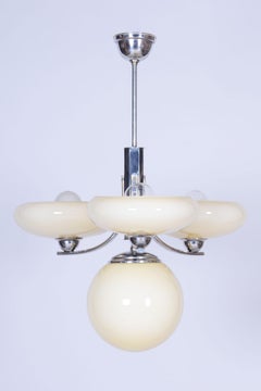 Restored Art Deco Chandelier, Chrome-Plated Steel, Opal Glass, Czech, 1920s