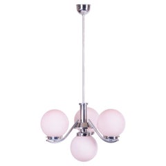 Restored Art Deco Chandelier, Chrome-Plated Steel, Opal Glass, Czech, 1920s