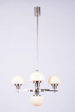 Restored Art Deco Chandelier, Chrome-Plated Steel, Opaline Glass, Czech, 1930s