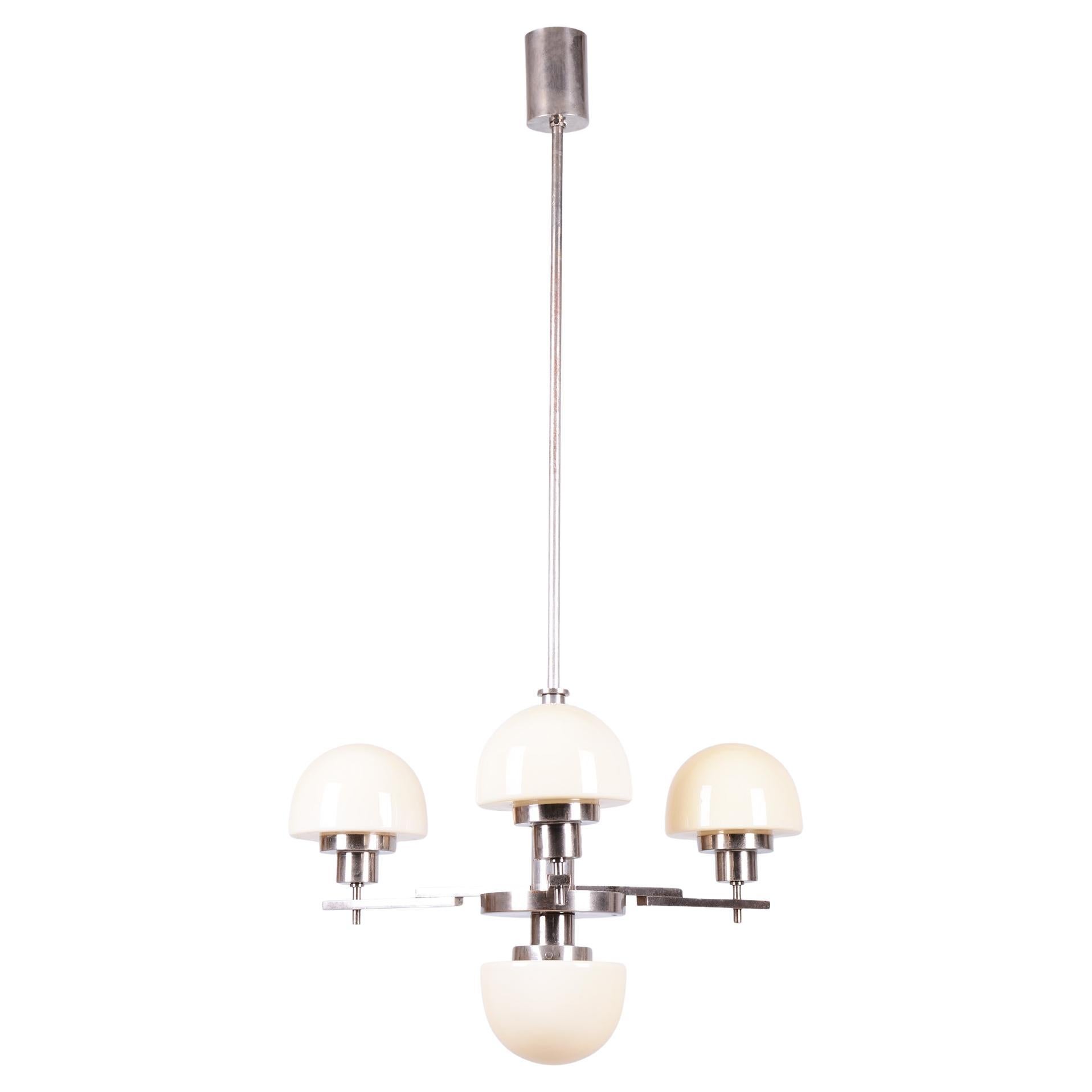 Restored Art Deco Chandelier, Chrome-Plated Steel, Opaline Glass, Czech, 1930s