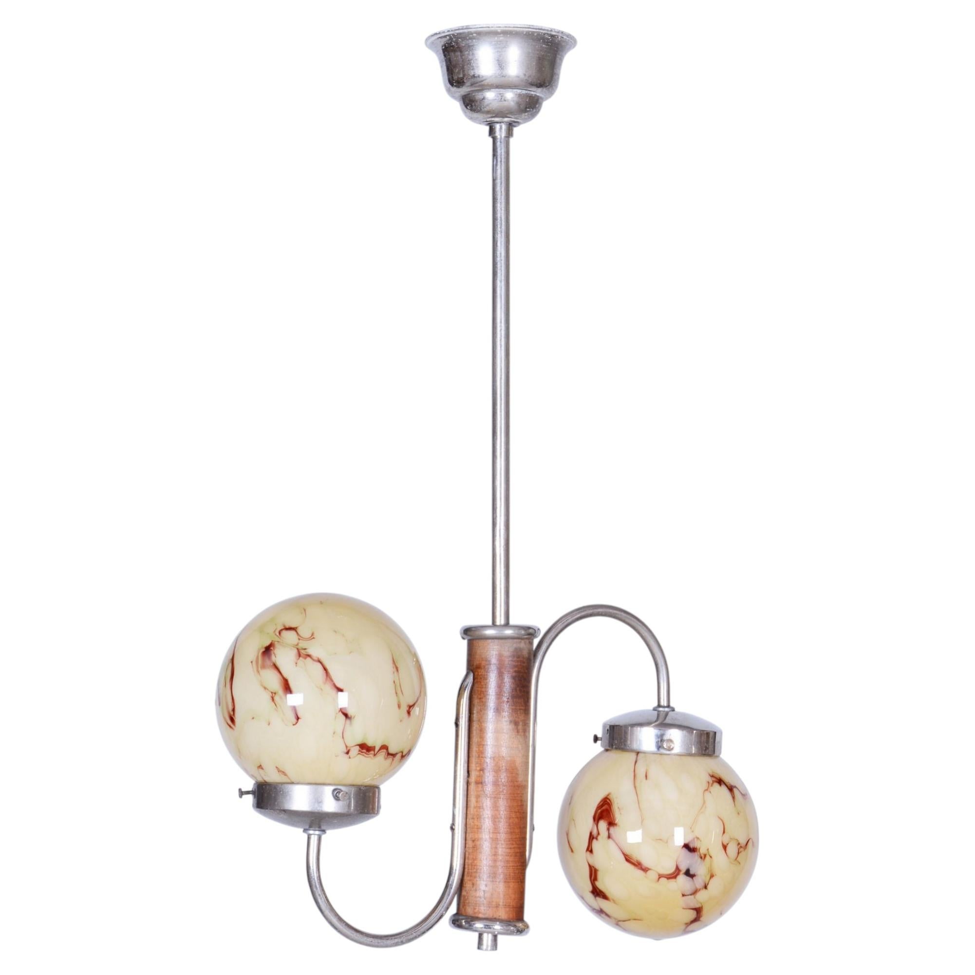 Restored Art Deco Chandelier, Chrome, Walnut, Marble Glass, Czech, 1920s