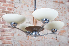 Restored Art Deco Chandelier, Chromed Steel, Beech, Opal Glass, Czech, 1920s