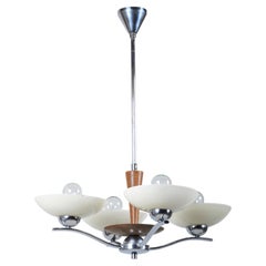 Restored Art Deco Chandelier, Chromed Steel, Beech, Opal Glass, Czech, 1920s