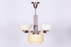 Restored Art Deco Chandelier, Oak, Brass, Opaline Glass, Czech, 1920s