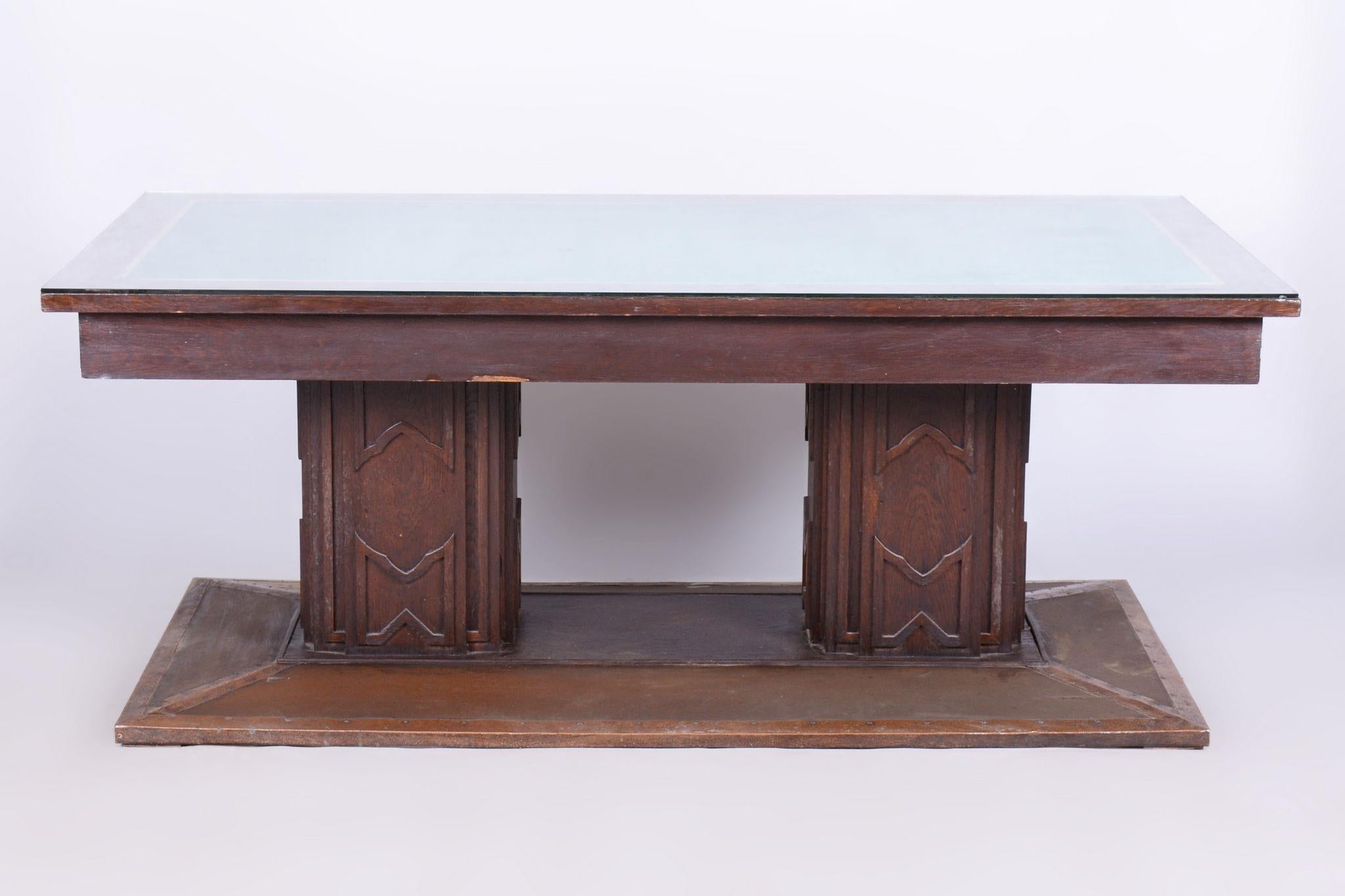 Restored Art Deco Dining Table, Oak, Copper Plating, Glass, Czech, 1930s For Sale 6