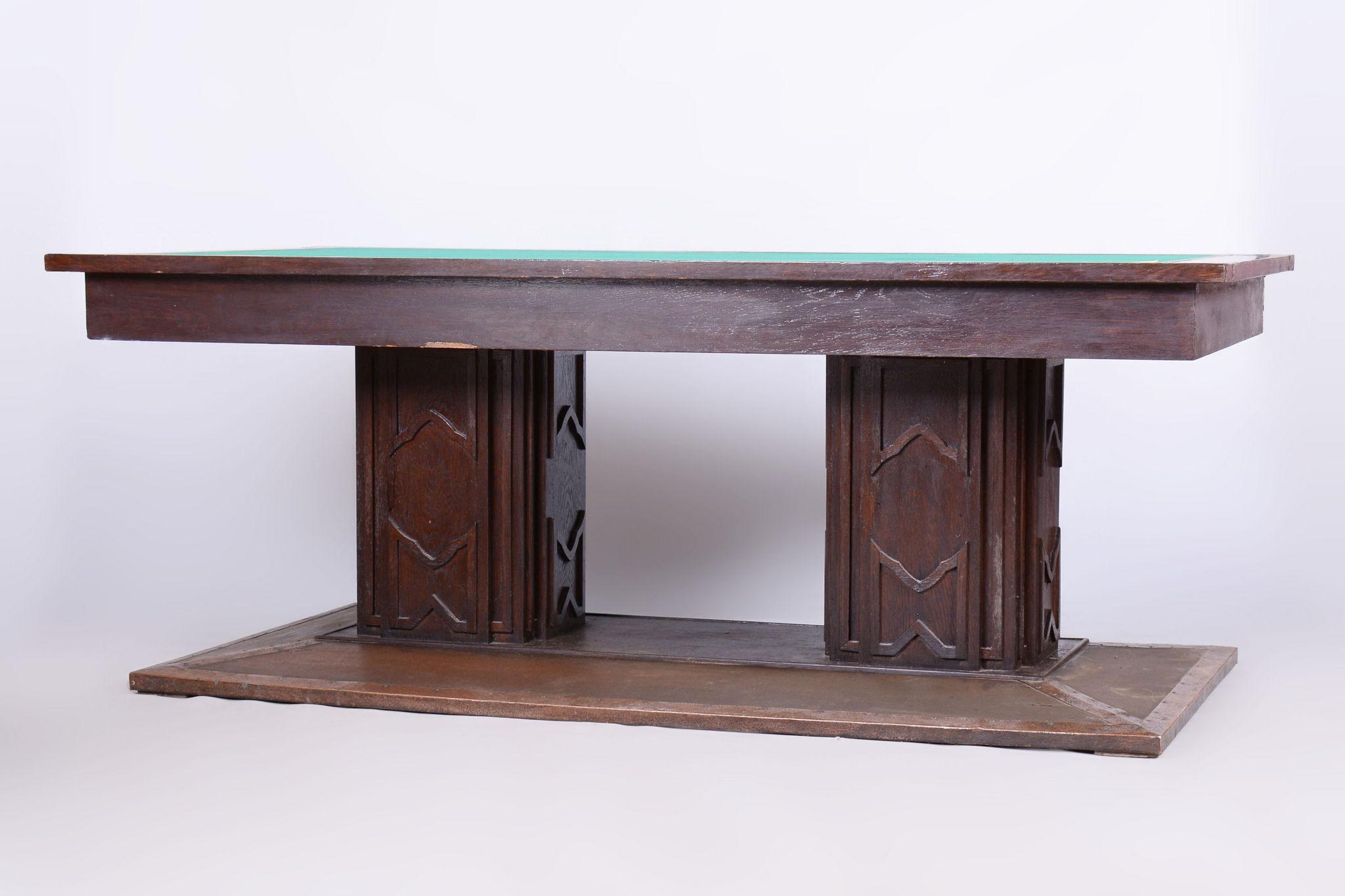 Restored Art Deco Dining Table, Oak, Copper Plating, Glass, Czech, 1930s For Sale 10