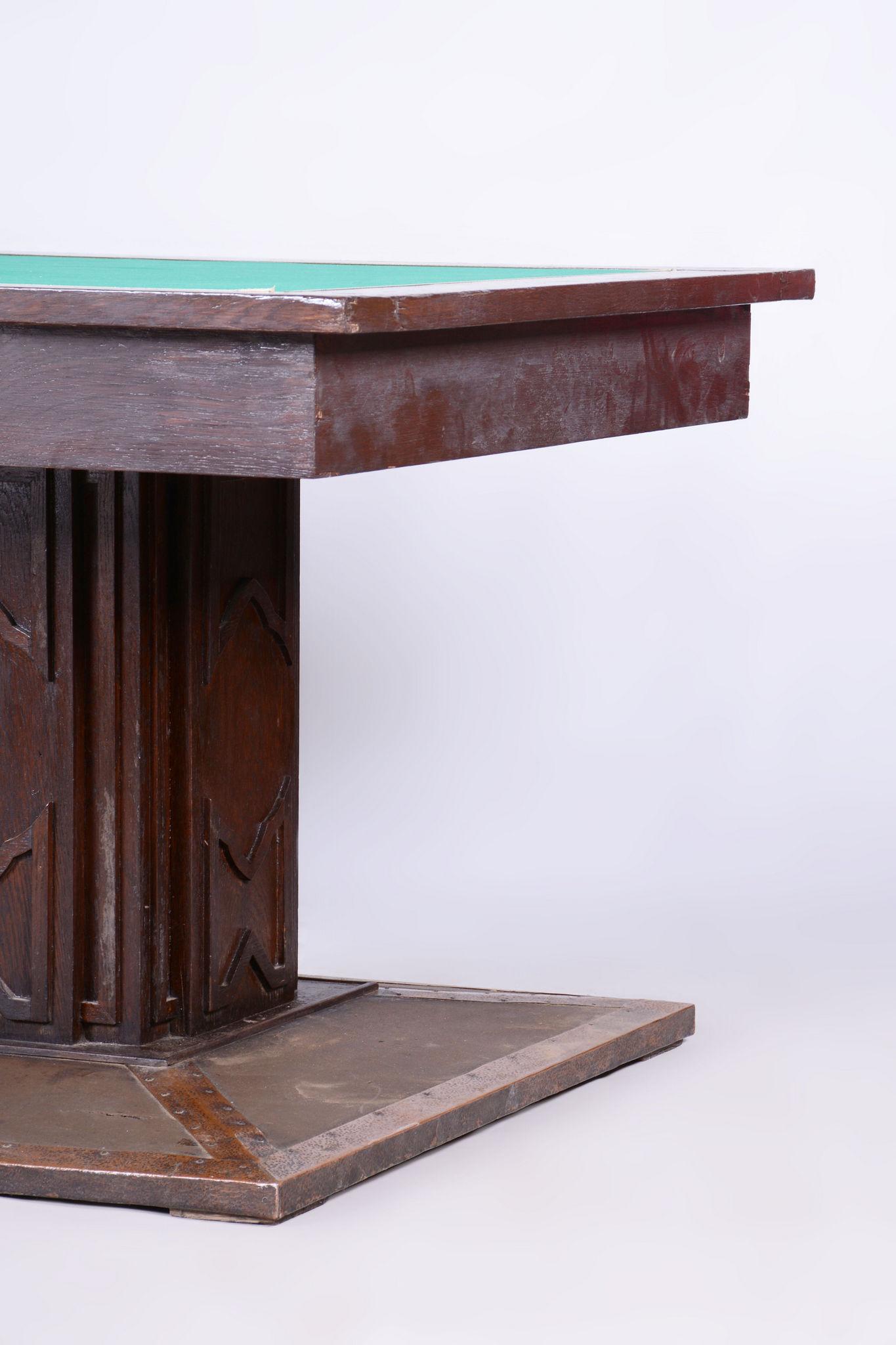 Restored Art Deco Dining Table, Oak, Copper Plating, Glass, Czech, 1930s For Sale 11