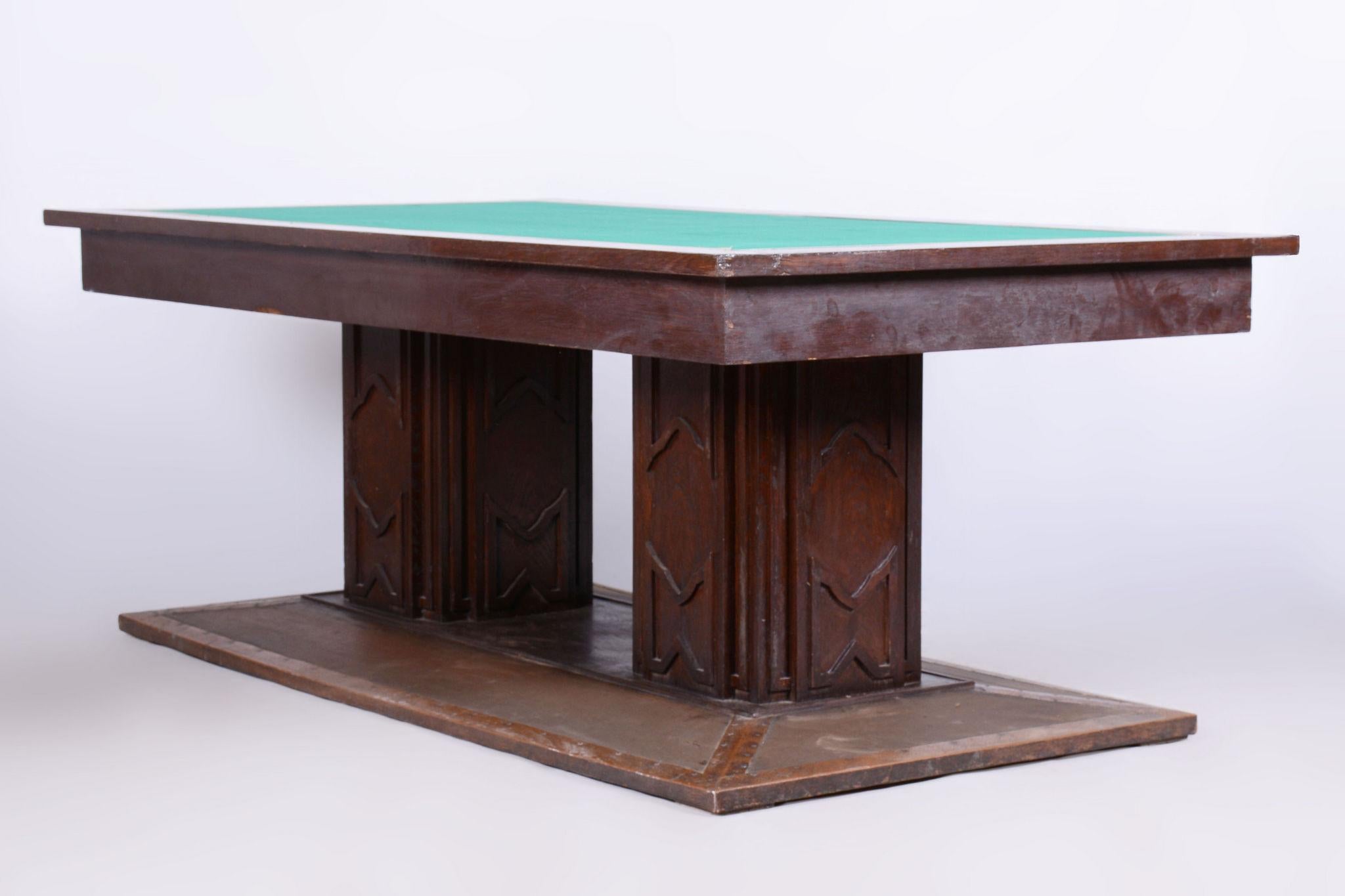 Restored Art Deco Dining Table, Oak, Copper Plating, Glass, Czech, 1930s For Sale 14