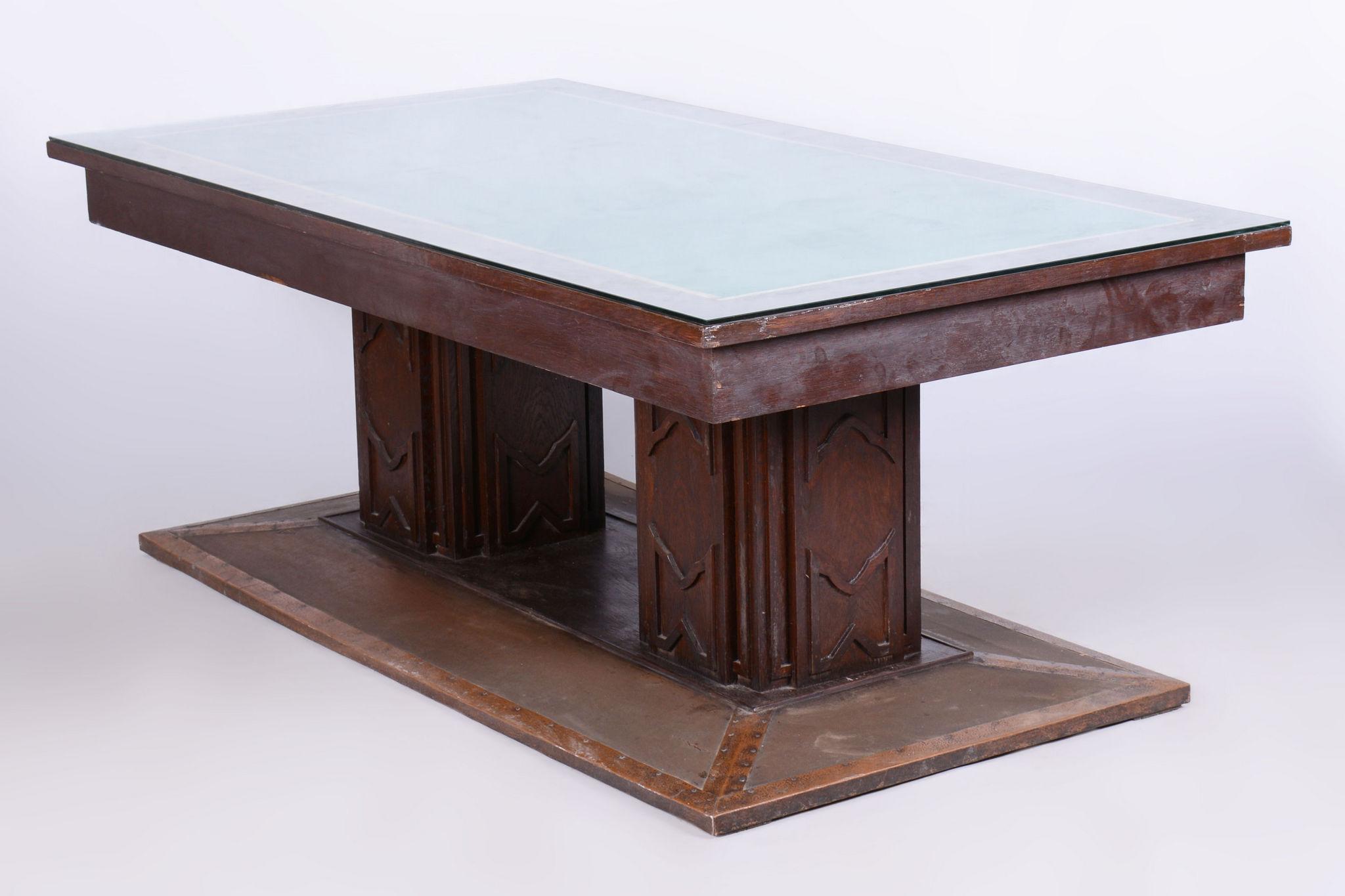 Restored Art Deco Dining Table, Oak, Copper Plating, Glass, Czech, 1930s For Sale 15