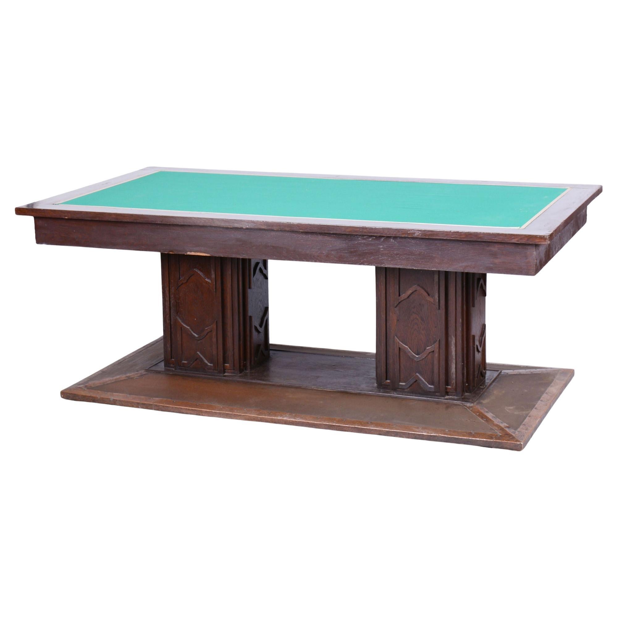 Restored Art Deco Dining Table, Oak, Copper Plating, Glass, Czech, 1930s