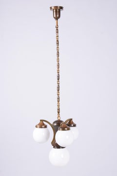 Restored Art Deco Dissociative Chandelier, Brass, Opaline Glass, Czech, 1920s