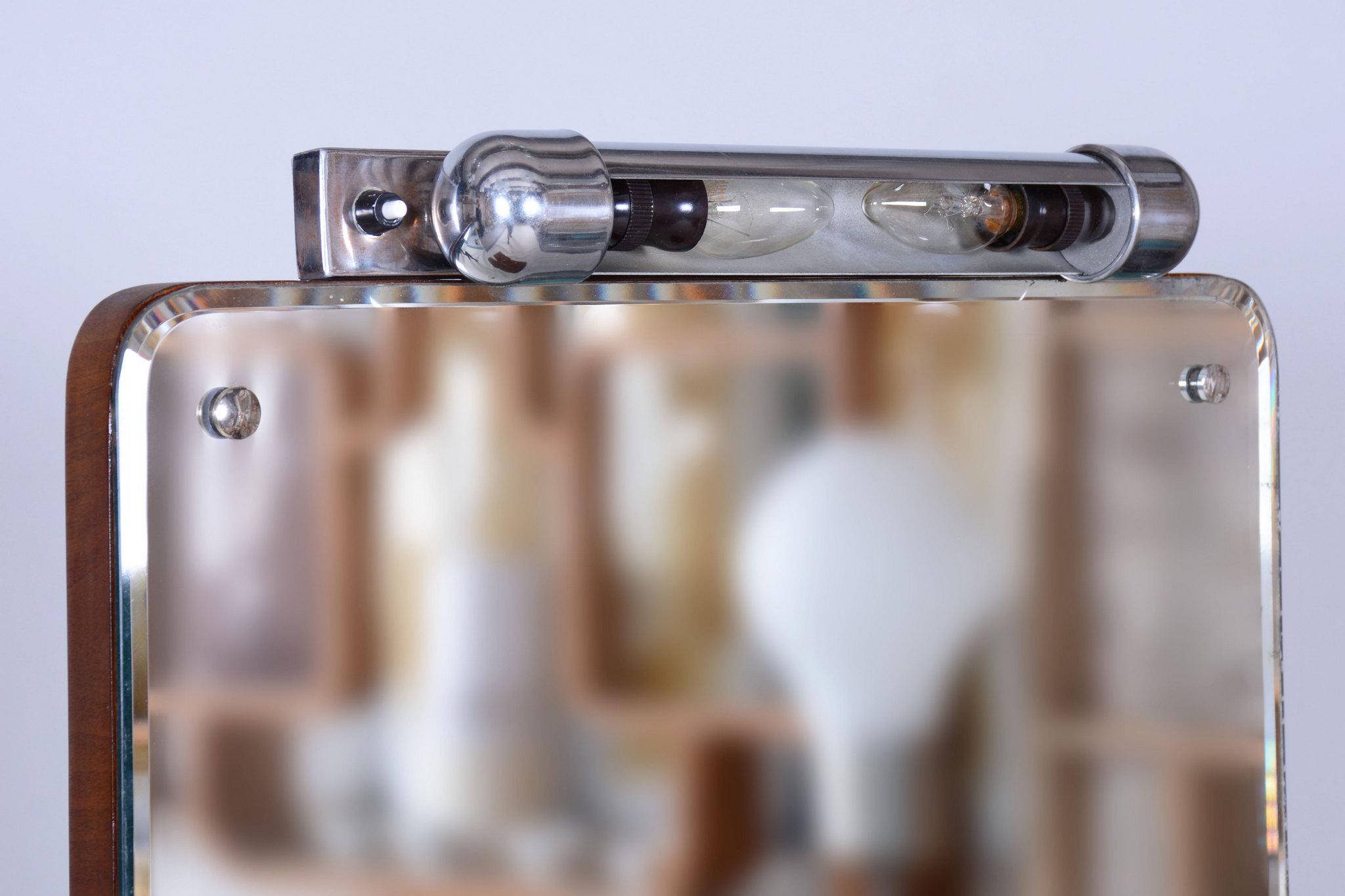 Restored Art Deco Dressing Mirror, by R. Slezak, Glass, Walnut, Czech, 1930s For Sale 9
