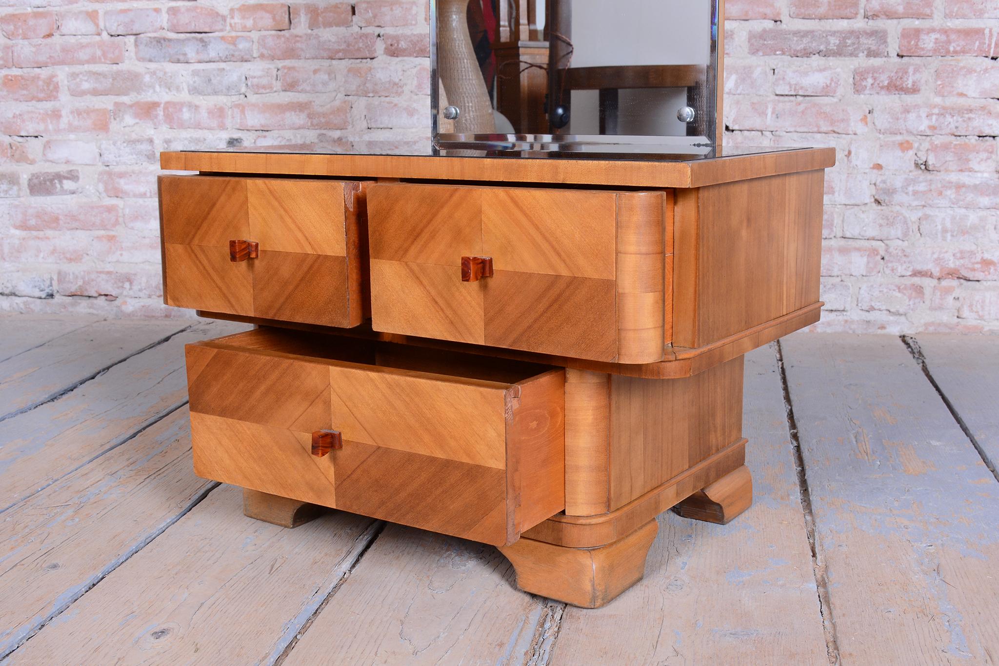 Espejo Vestidor Art Decó Restaurado, Madera de Cerezo, Cristal, Pulido, Checo, Años 20 Vidrio en venta