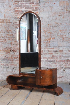 Miroir de toilette Art Deco restauré, noyer, polonais ravivé, tchèque, années 1930