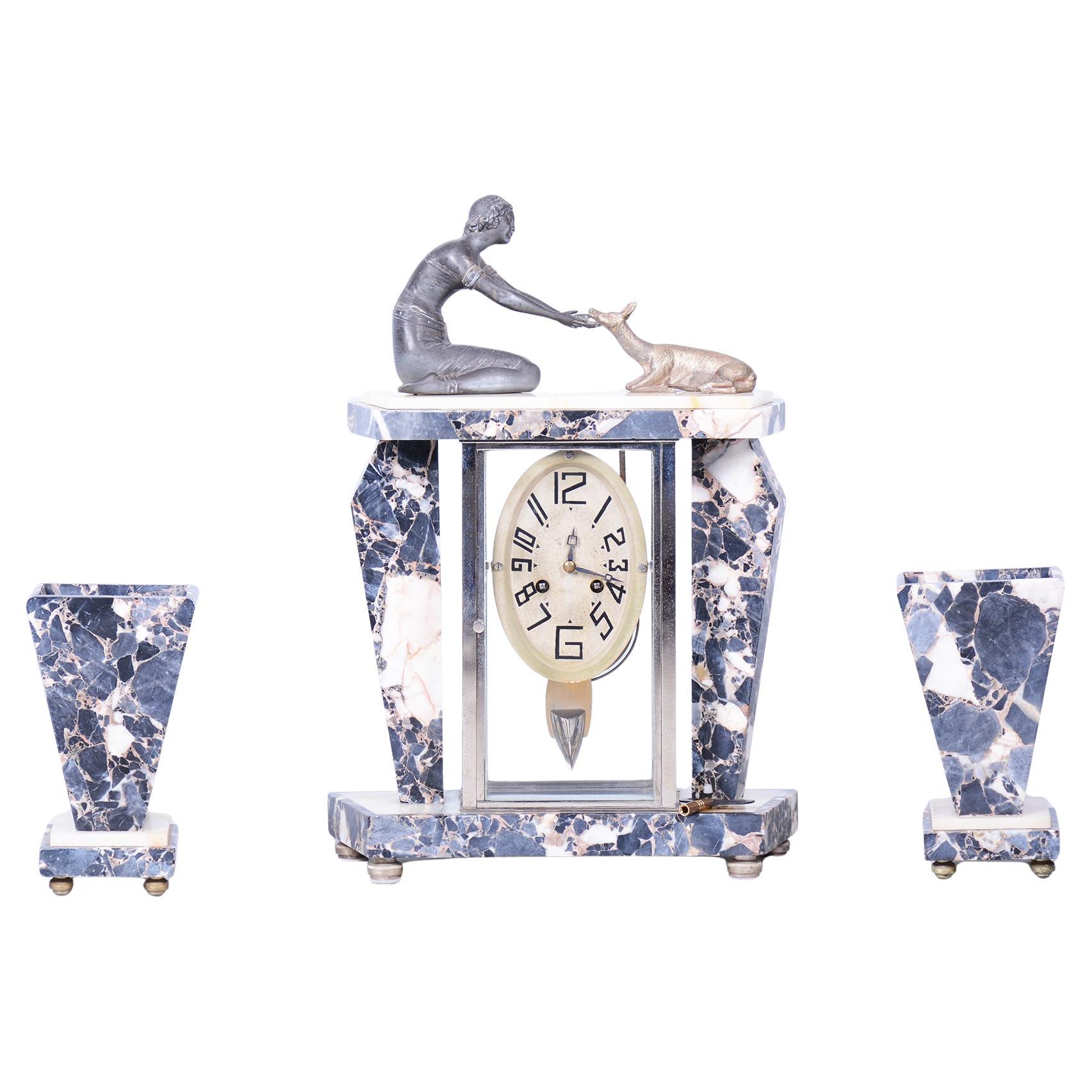 Restored Art Deco Fireplace Clock, Marble, Bronze, Glass, France. 1920s