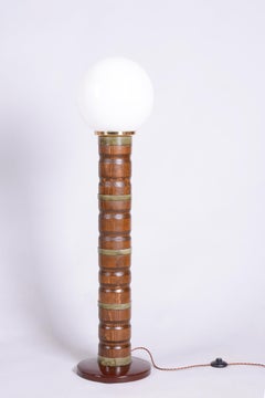 Restored Art Deco Floor Lamp, Walnut, Brass, Milk Opaline Glass, Czech, 1930s