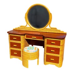 Restored Art Deco Frankl Style Stacked Rattan Vanity w/ Round Mirror & Stool