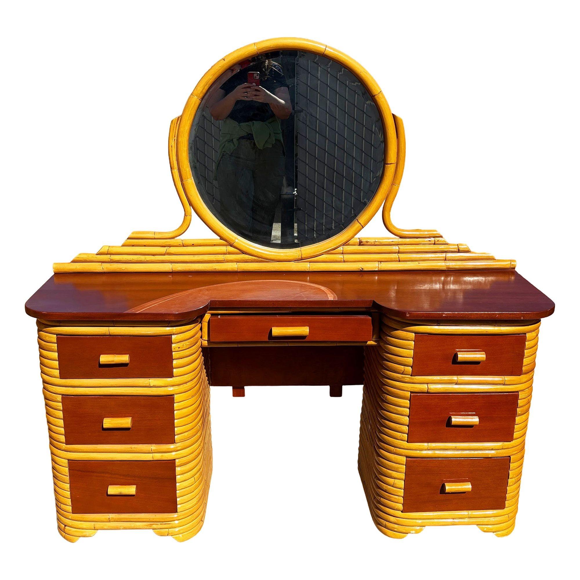 Mid-Century Modern Restored Art Deco Frankl Style Stacked Rattan Vanity w/ Round Mirror & Stool For Sale