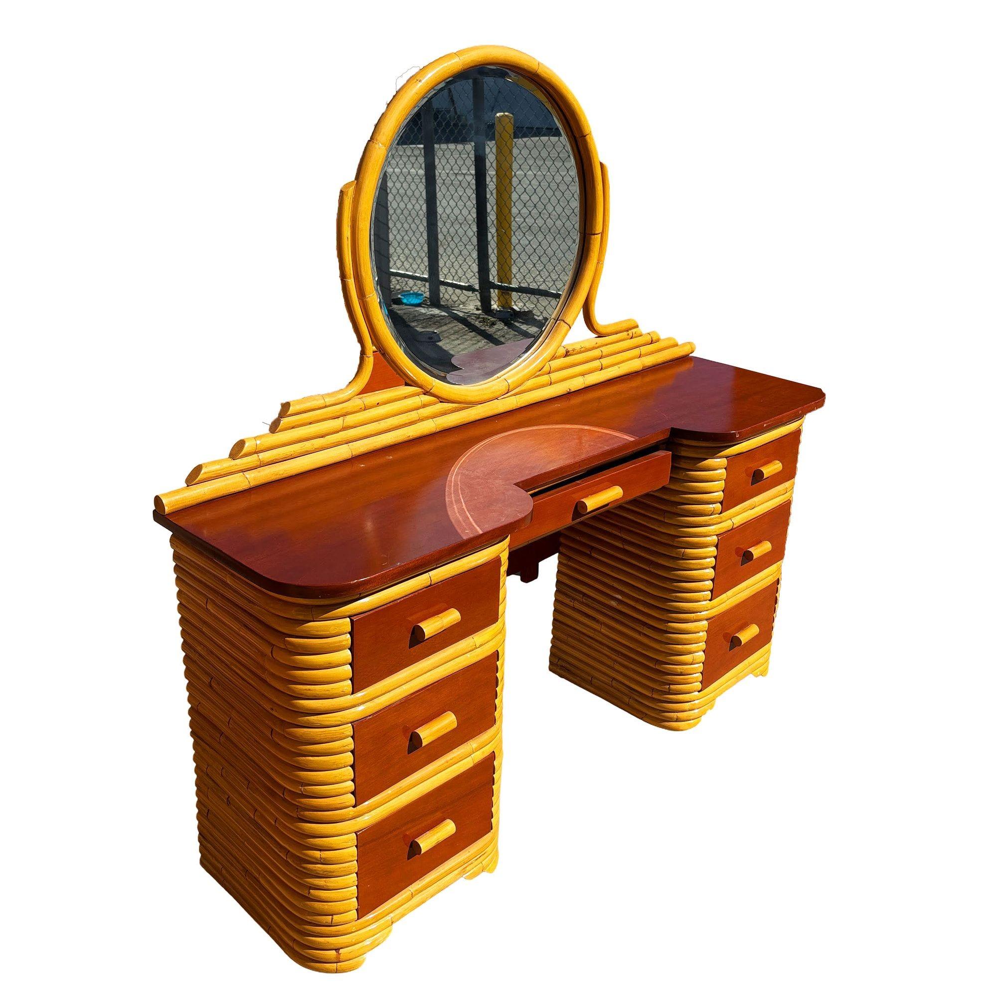 American Restored Art Deco Frankl Style Stacked Rattan Vanity w/ Round Mirror & Stool For Sale
