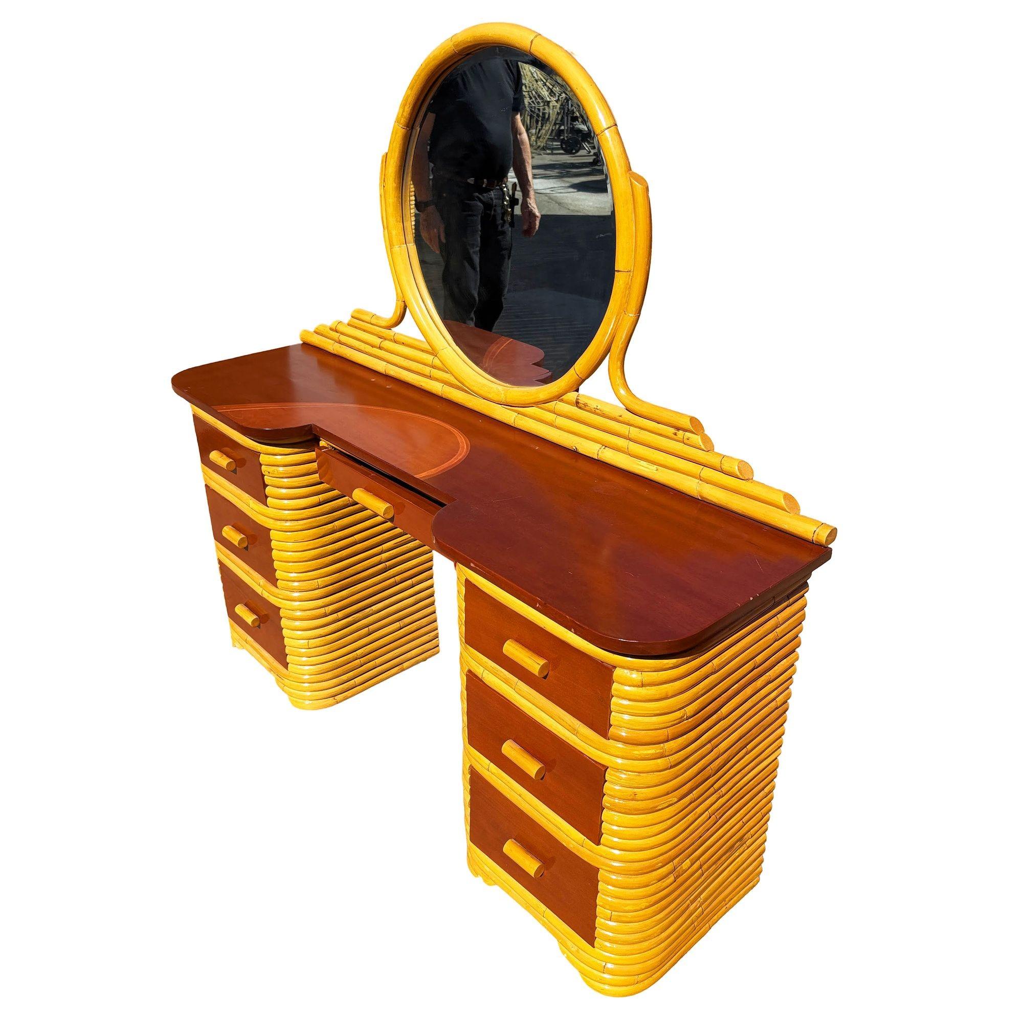 Restored Art Deco Frankl Style Stacked Rattan Vanity w/ Round Mirror & Stool In Excellent Condition For Sale In Van Nuys, CA