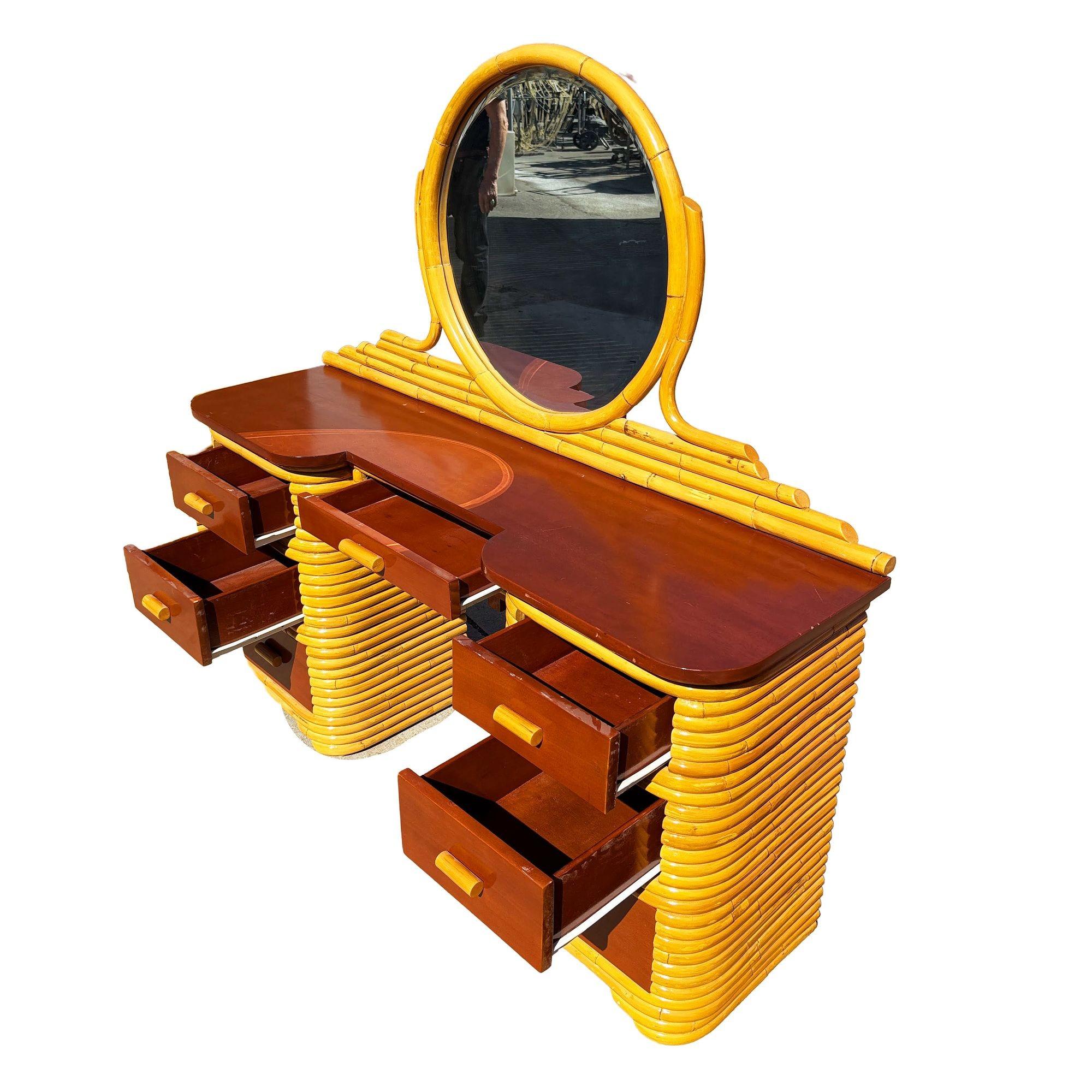 Mid-20th Century Restored Art Deco Frankl Style Stacked Rattan Vanity w/ Round Mirror & Stool For Sale