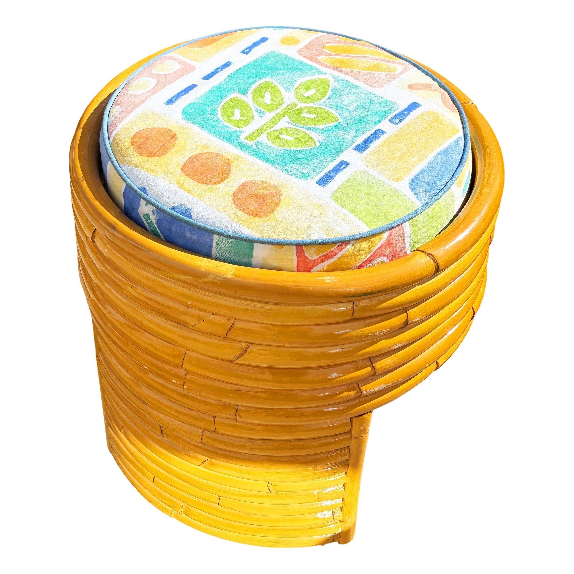 Restored Art Deco Frankl Style Stacked Rattan Vanity w/ Round Mirror & Stool For Sale 1