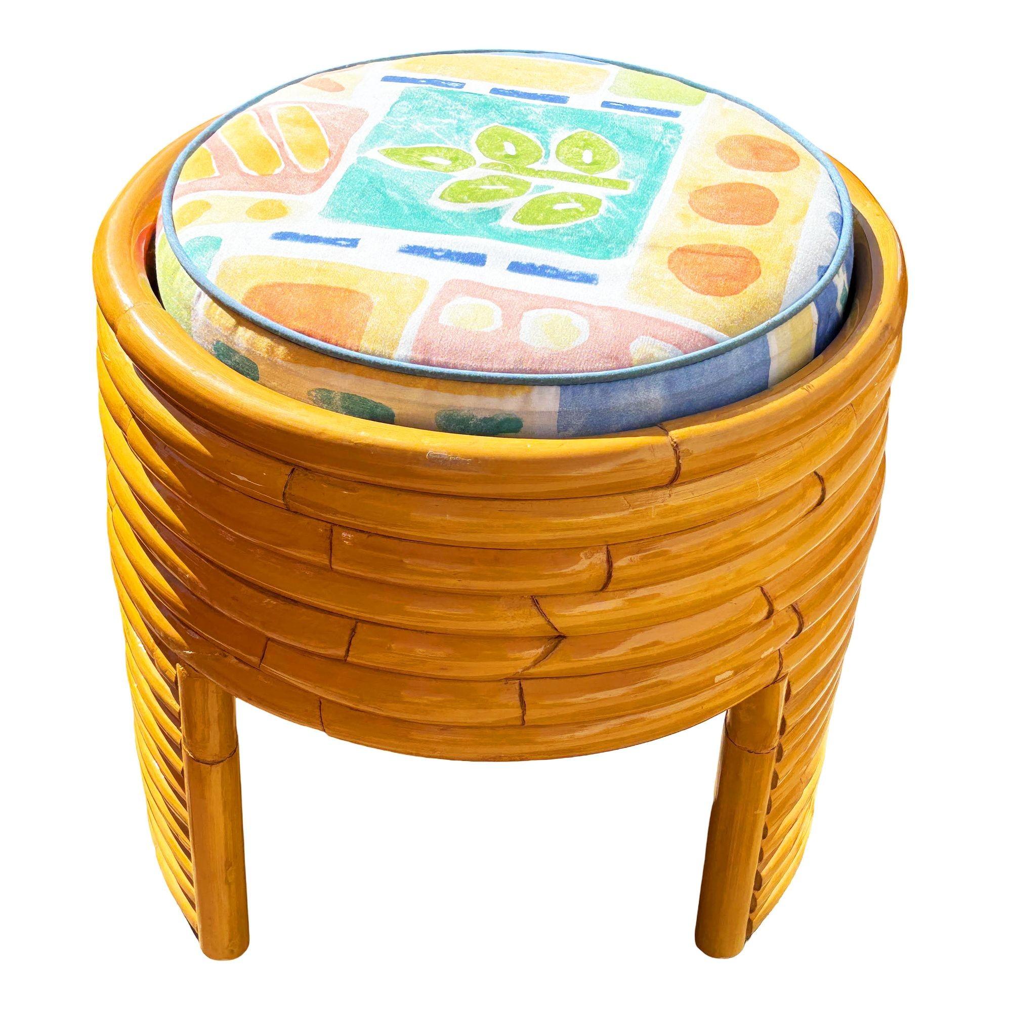 Restored Art Deco Frankl Style Stacked Rattan Vanity w/ Round Mirror & Stool For Sale 2