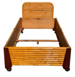 Restored Art Deco Geometric Stacked Rattan and Mahogany Twin Bed Frame