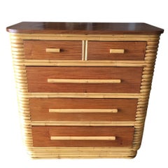 Restored Art Deco Highboy Stacked Rattan and Mahogany Dresser