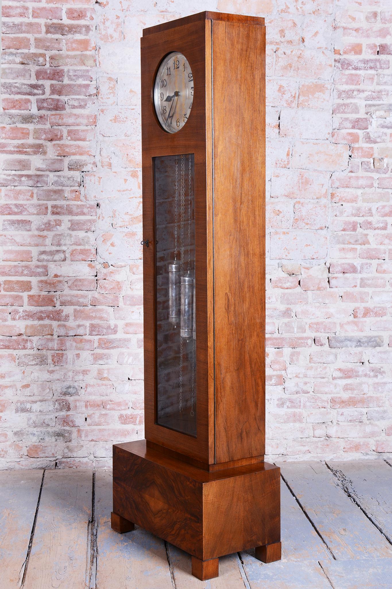 Restored Art Deco Longcase Clock, Walnut, Spruce, Polish, Czech, 1920s For Sale 11
