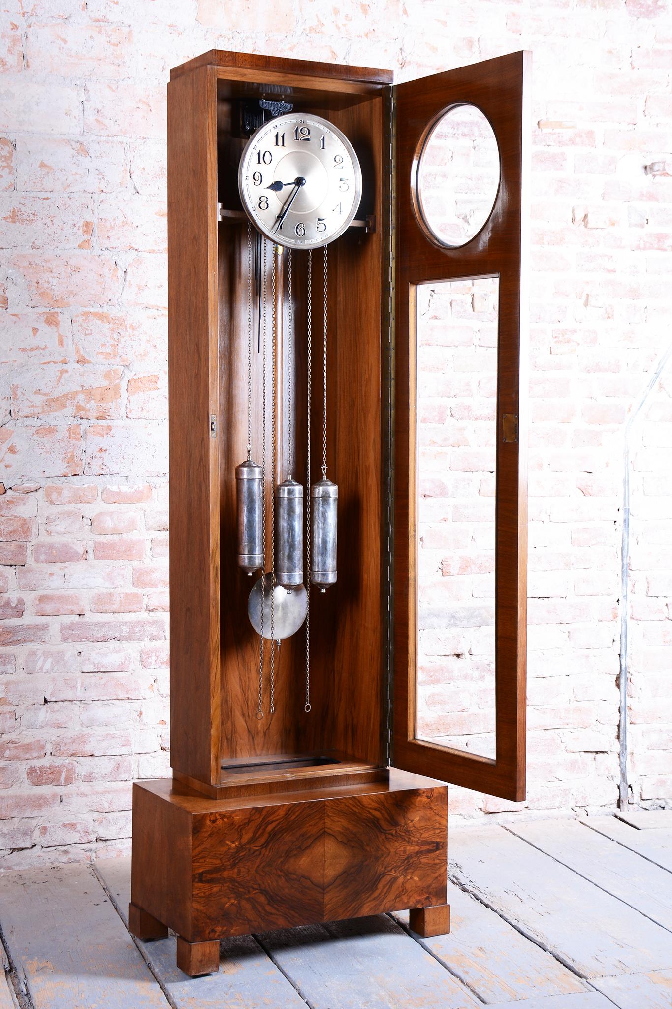 Restored Art Deco Longcase Clock, Walnut, Spruce, Polish, Czech, 1920s For Sale 3