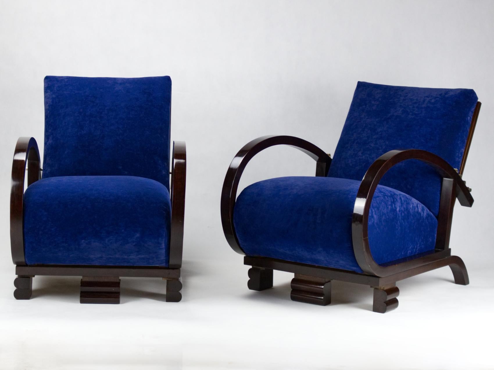 Czech Restored Blue Art Deco Lounge Chairs, 1930s