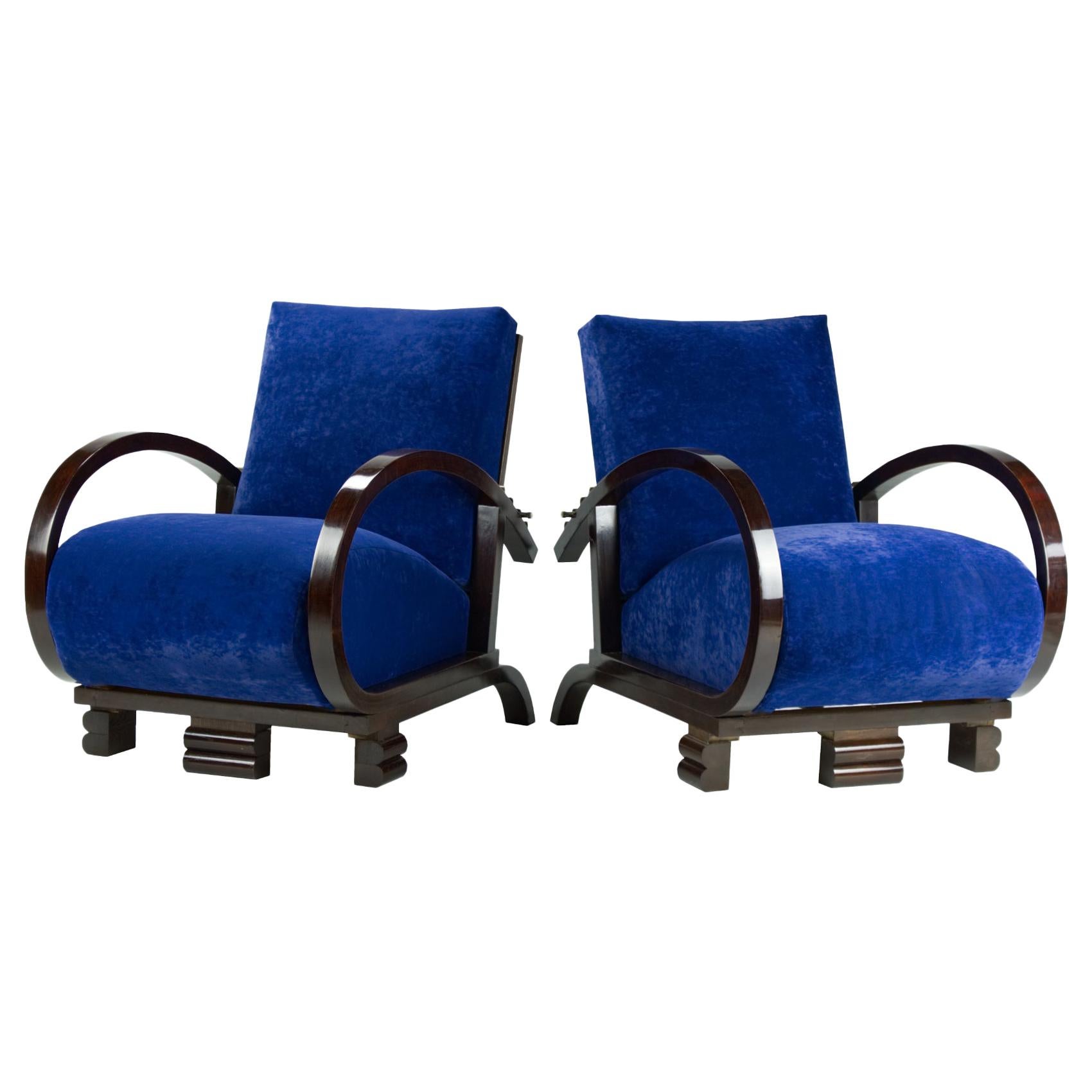 Restored Blue Art Deco Lounge Chairs, 1930s