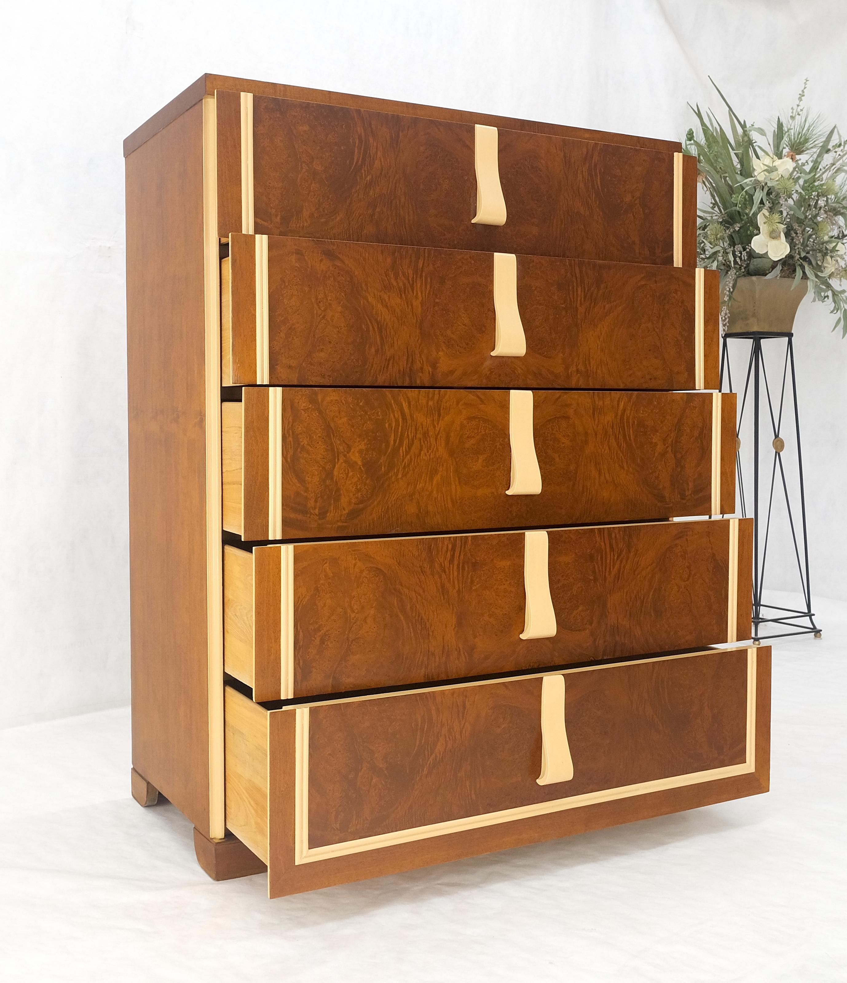 Mid-Century Modern Restored Art Deco Mid Century Burl Wood 5 Drawers Tall High Chest Dresser MINT! For Sale