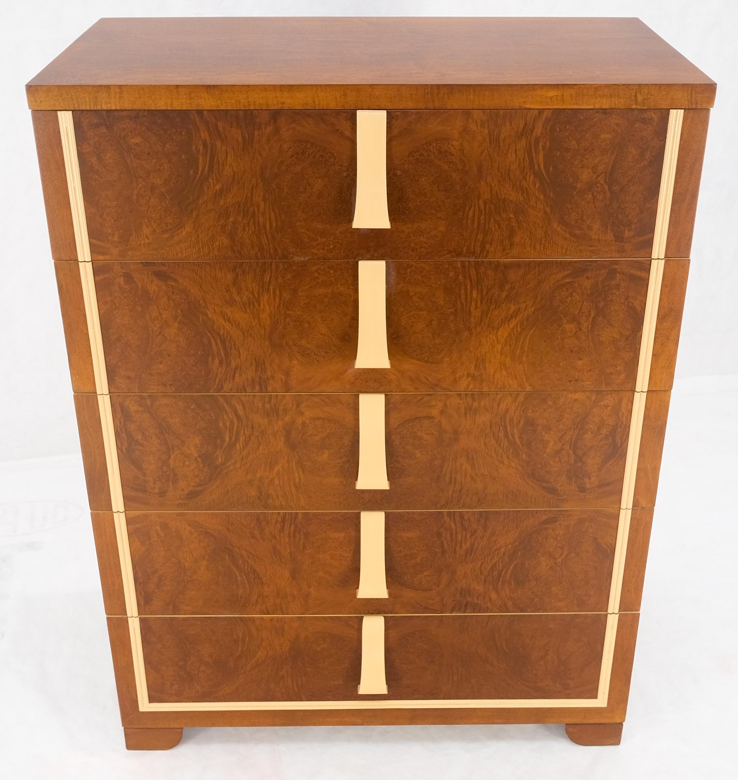 Restored Art Deco Mid Century Burl Wood 5 Drawers Tall High Chest Dresser MINT! For Sale 1