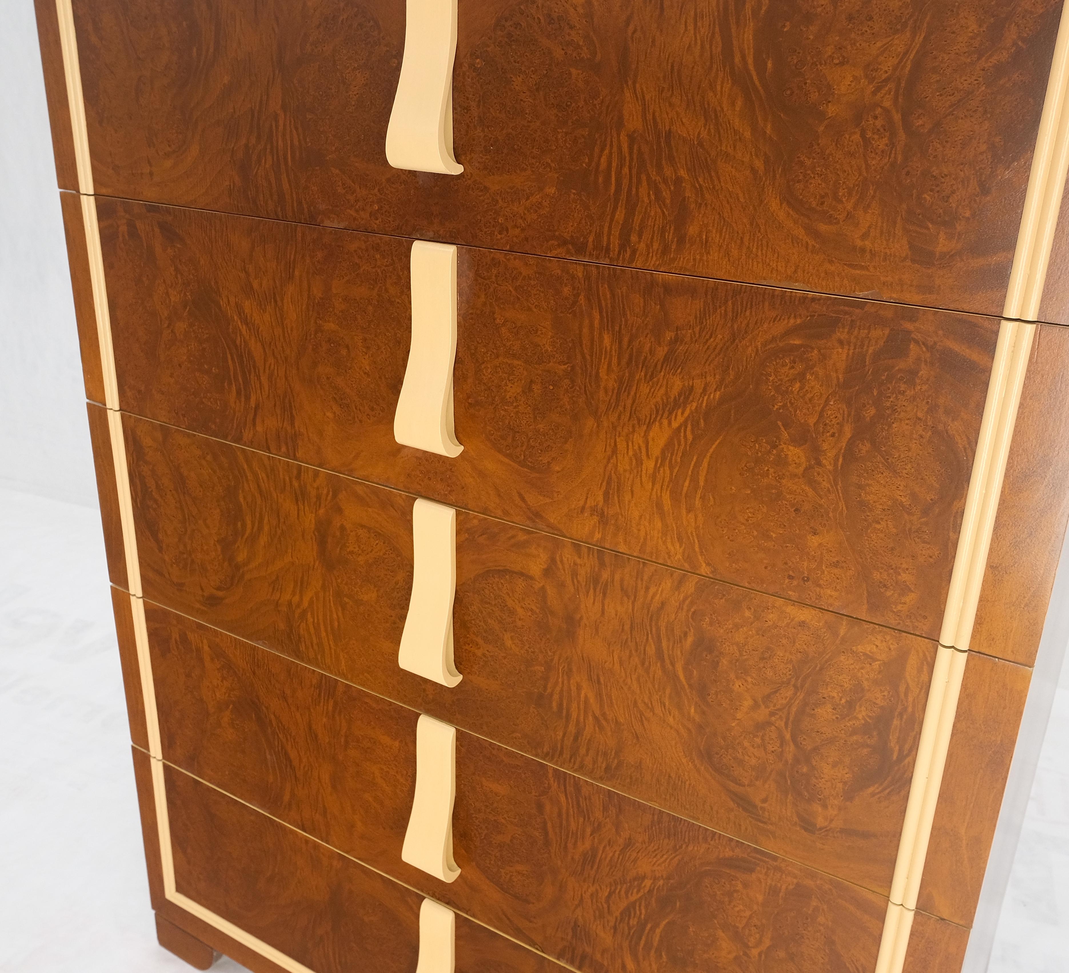 Restored Art Deco Mid Century Burl Wood 5 Drawers Tall High Chest Dresser MINT! For Sale 3