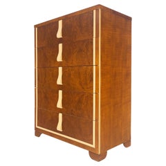 Restored Art Deco Mid Century Burl Wood 5 Drawers Tall High Chest Dresser MINT!