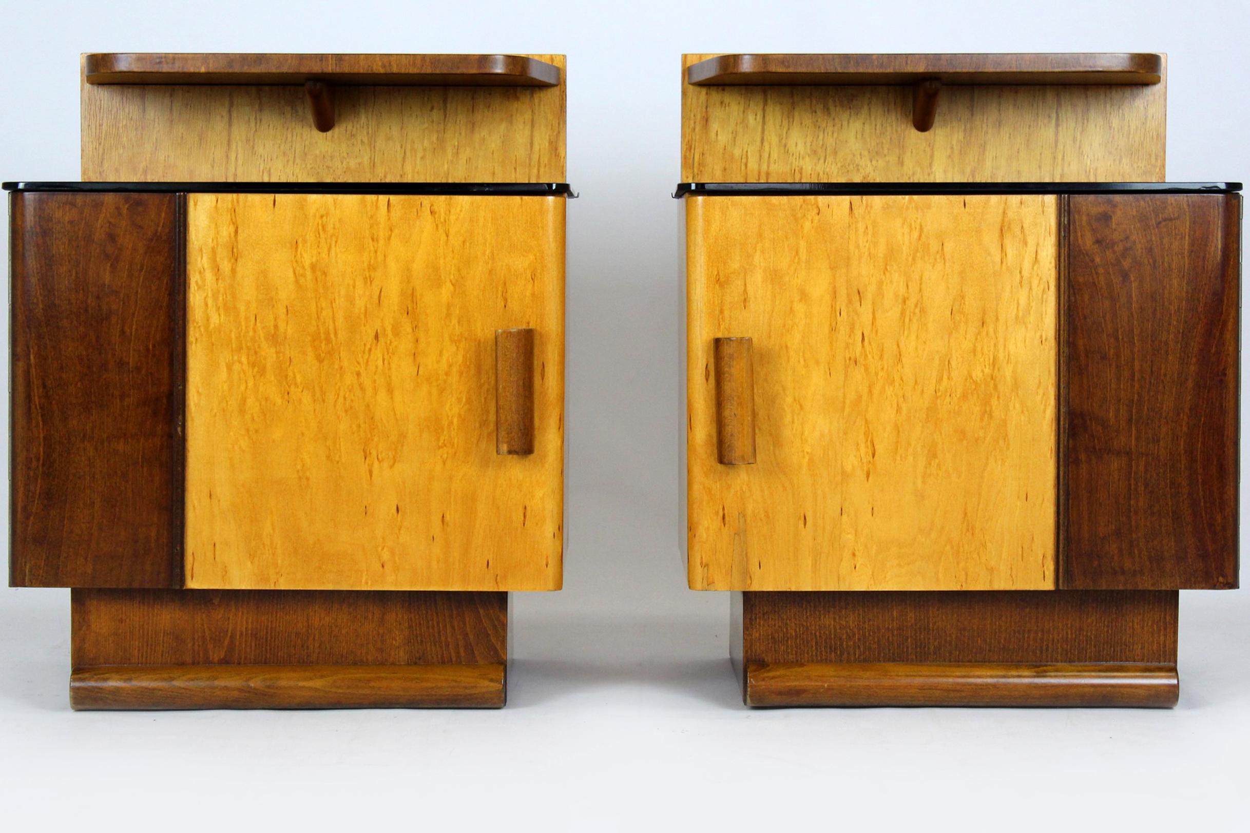 Restored Art Deco Nightstands with Black Glass Tops, 1950s, Set of 2 7