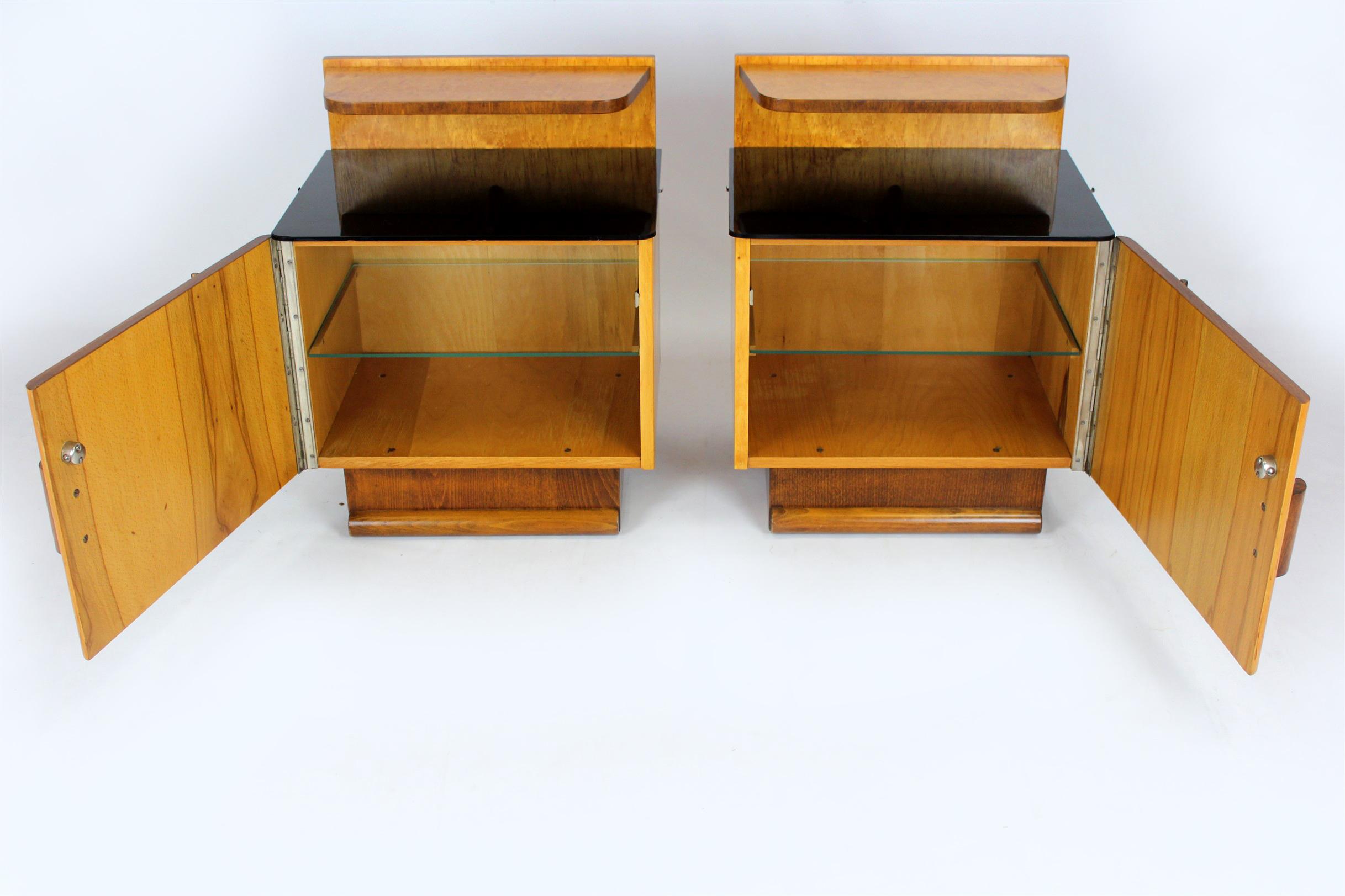 20th Century Restored Art Deco Nightstands with Black Glass Tops, 1950s, Set of 2