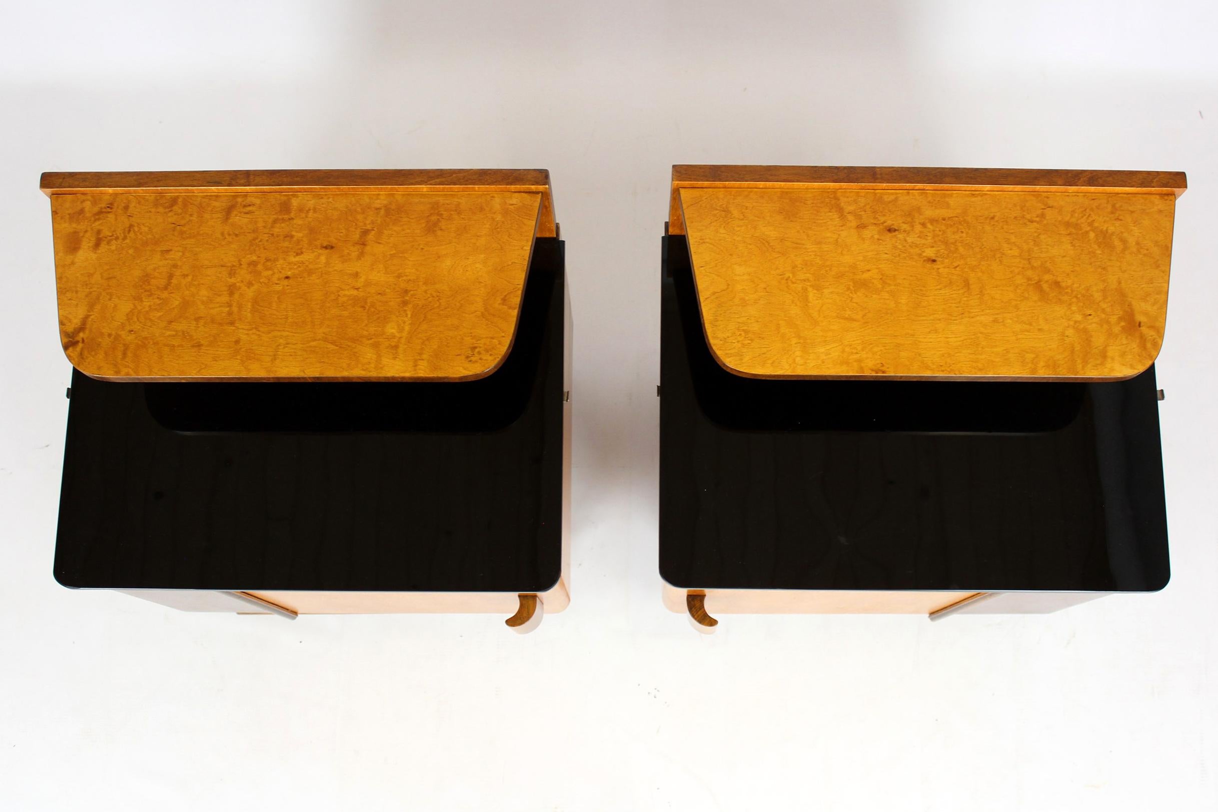 Restored Art Deco Nightstands with Black Glass Tops, 1950s, Set of 2 1