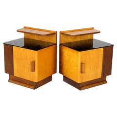 Restored Art Deco Nightstands with Black Glass Tops, 1950s, Set of 2