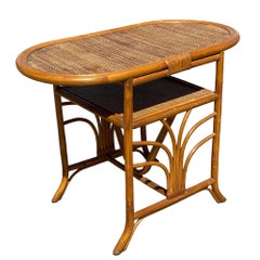Restored Art Deco "Palm" Rattan Side Drink Table W/ Rice Mat Top