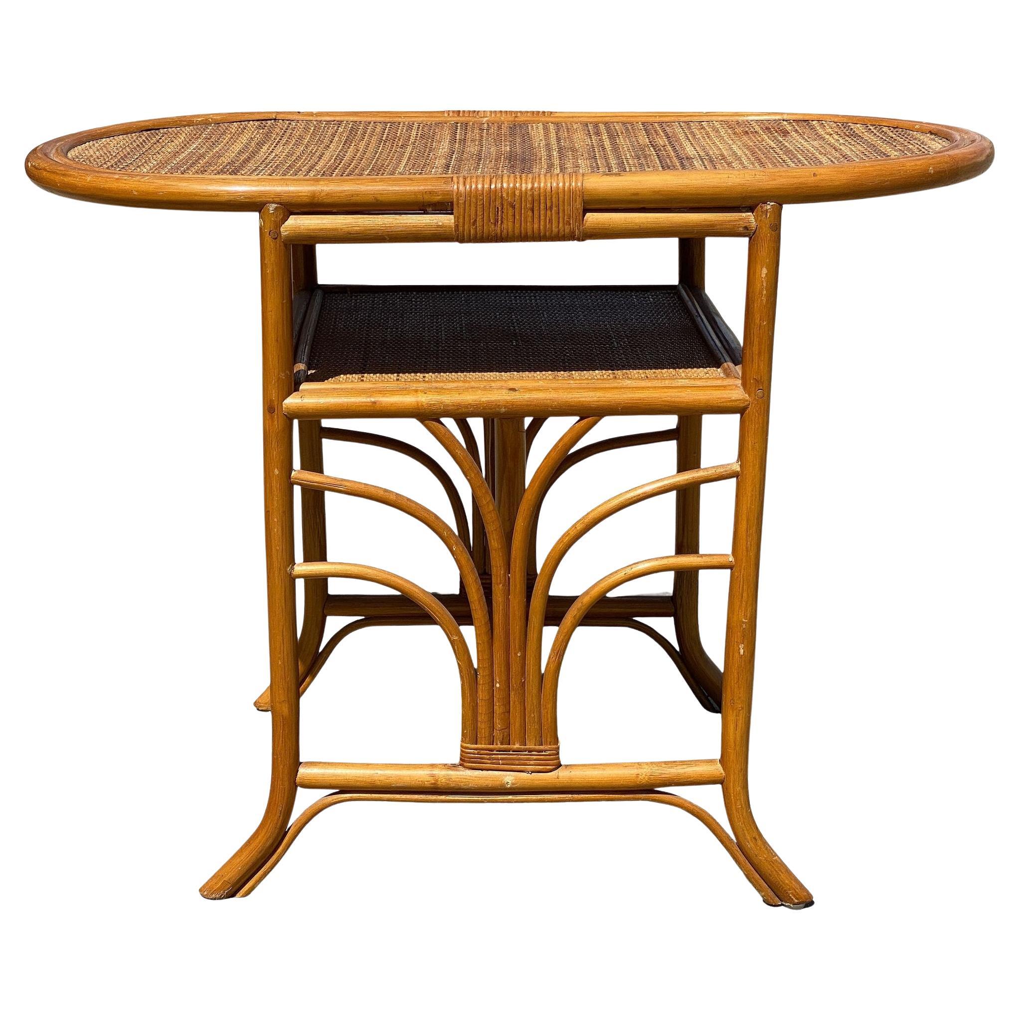 Restored Art Deco "Palm" Rattan Side Drink Table W/ Rice Mat Top