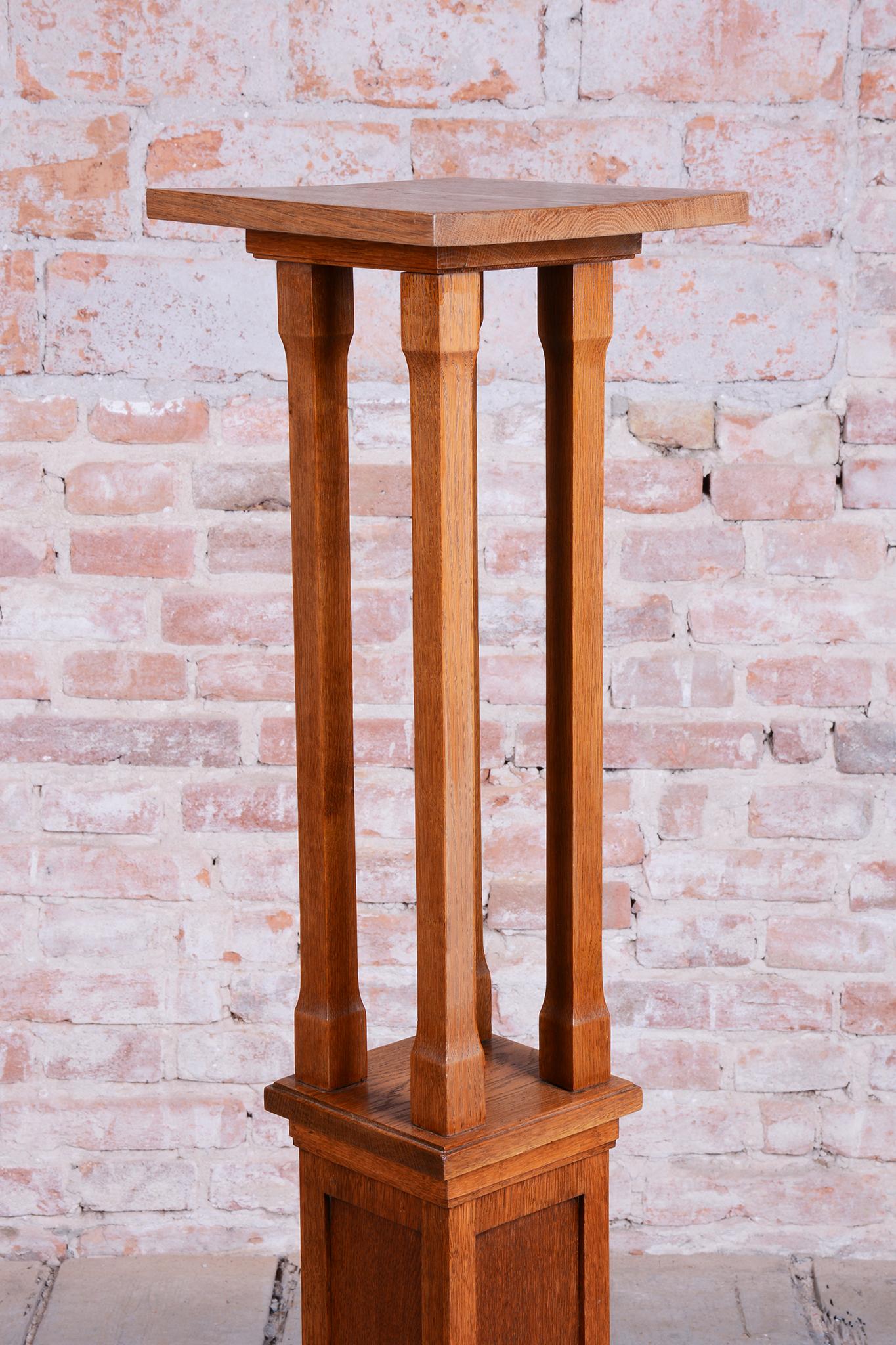 Wood Restored Art Deco Pedestal, Oak, Revived Polish, Austria, 1910s For Sale