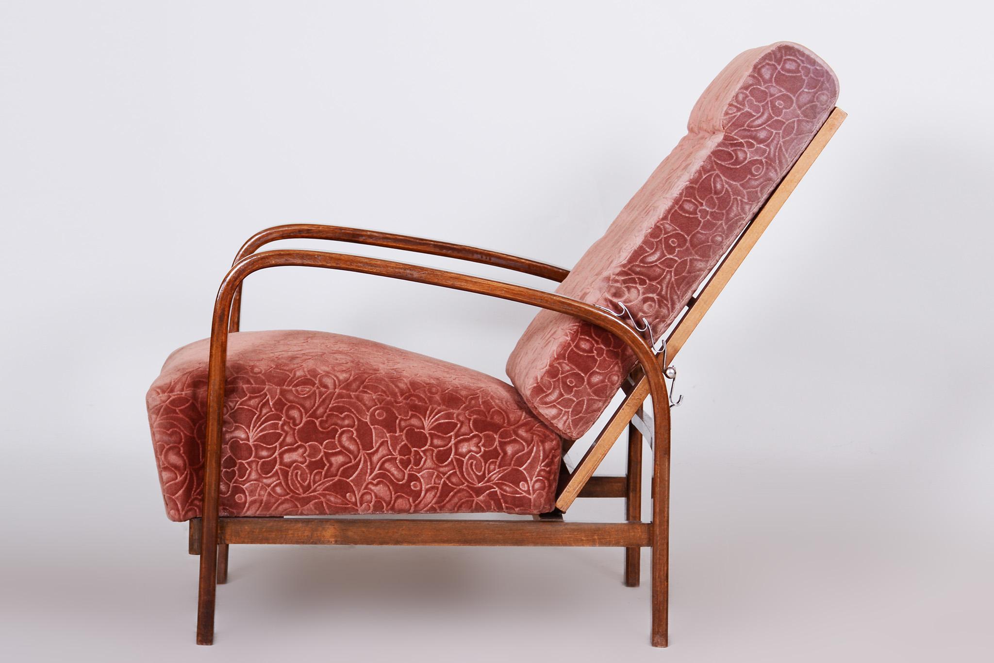 Mid-20th Century Restored Art Deco Positioning Armchair, Beech Solid Wood, Walnut, 1930s, Czechia For Sale