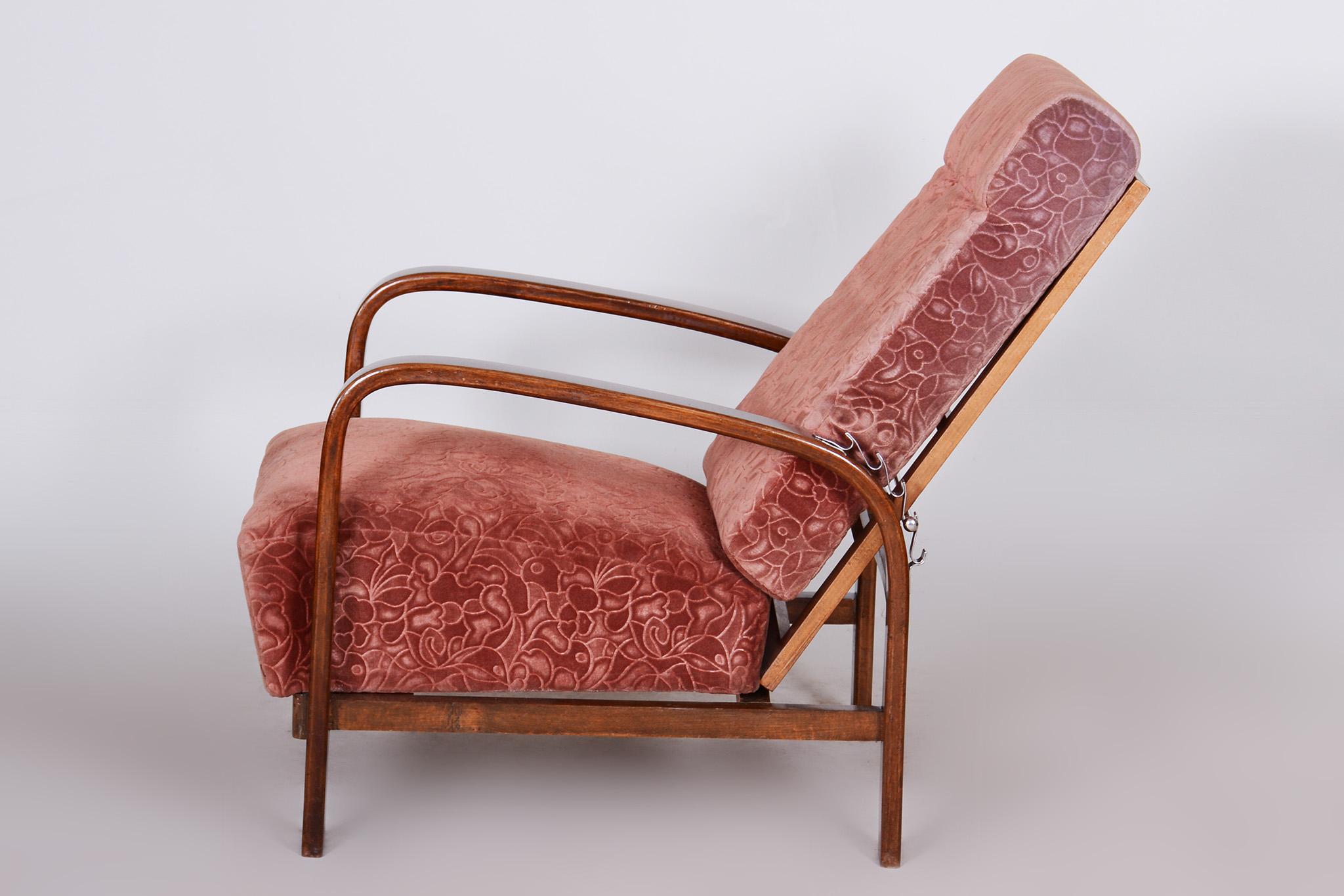 Fabric Restored Art Deco Positioning Armchair, Beech Solid Wood, Walnut, 1930s, Czechia For Sale