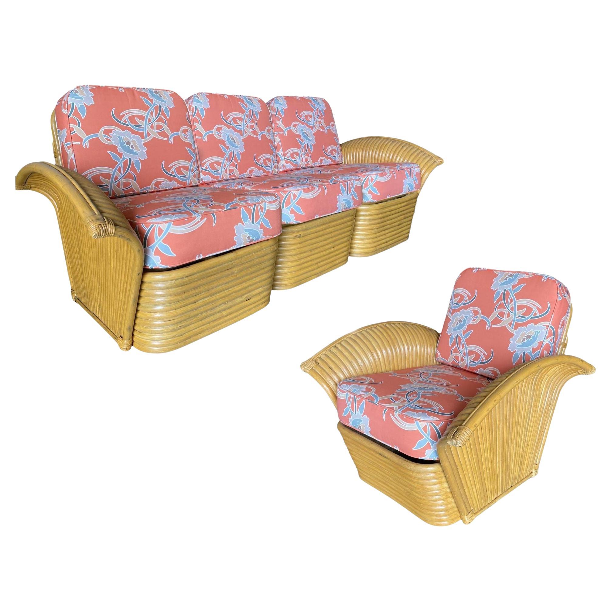 Restored Art Deco Rattan Fan Arm three-Seat Sofa & Lounge Chair Livingroom Set For Sale