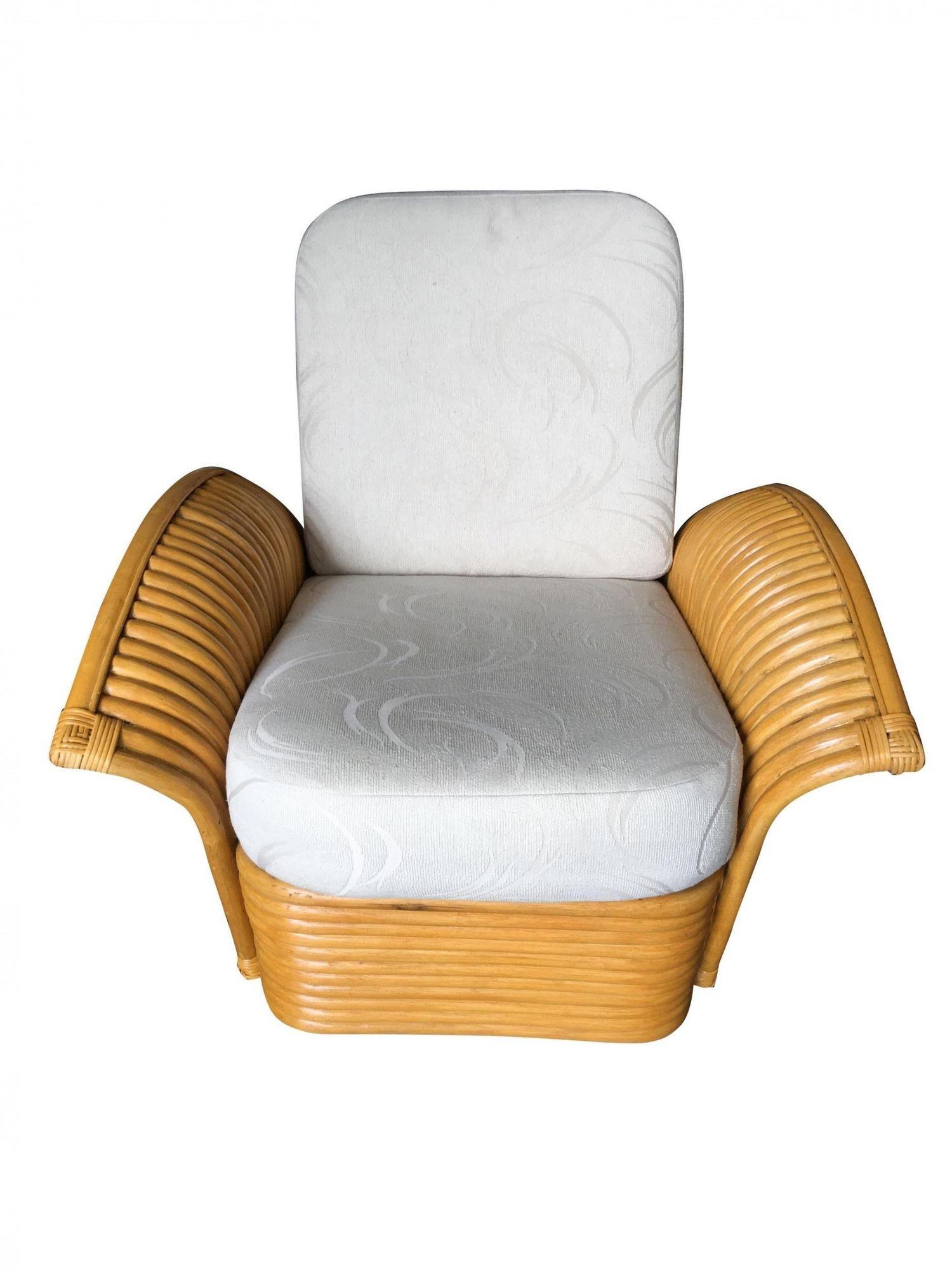American Restored Art Deco Rattan Fan Arm Lounge Chair Pair