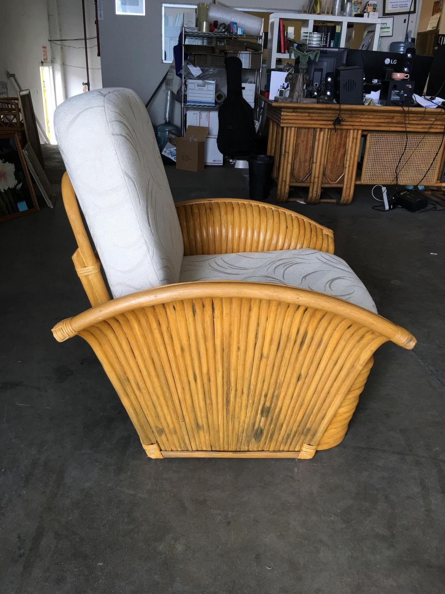 Mid-20th Century Restored Art Deco Rattan Fan Arm Lounge Chair Pair