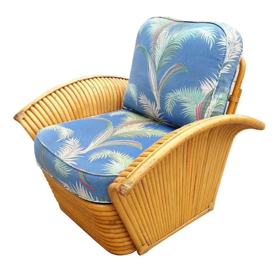 Restored Art Deco Rattan Fan Arm Lounge Chair with Ottoman In Good Condition For Sale In Van Nuys, CA